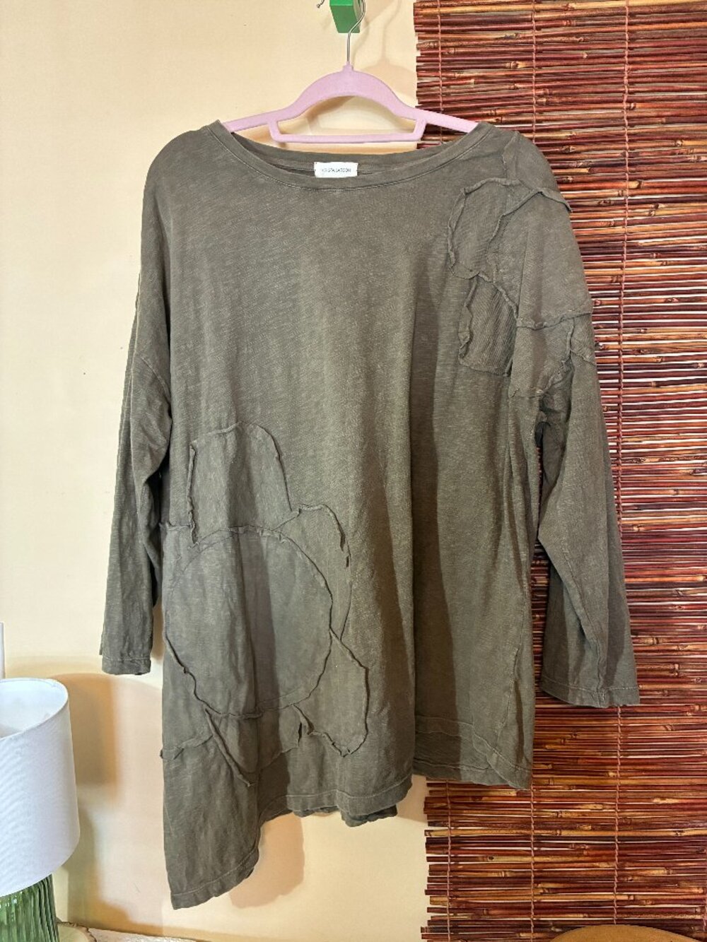 Krista Larson Daisy T-Shirt Long Sleeve Olive Green Raw Edge Applique One Size